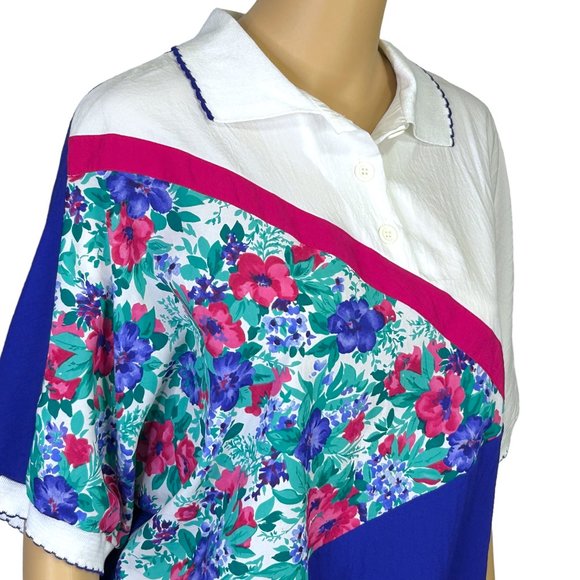 Southern Lady Womens L Blue Floral‎ Short Sleeve Blouse Shirt Stretch Waistband - Picture 4 of 13